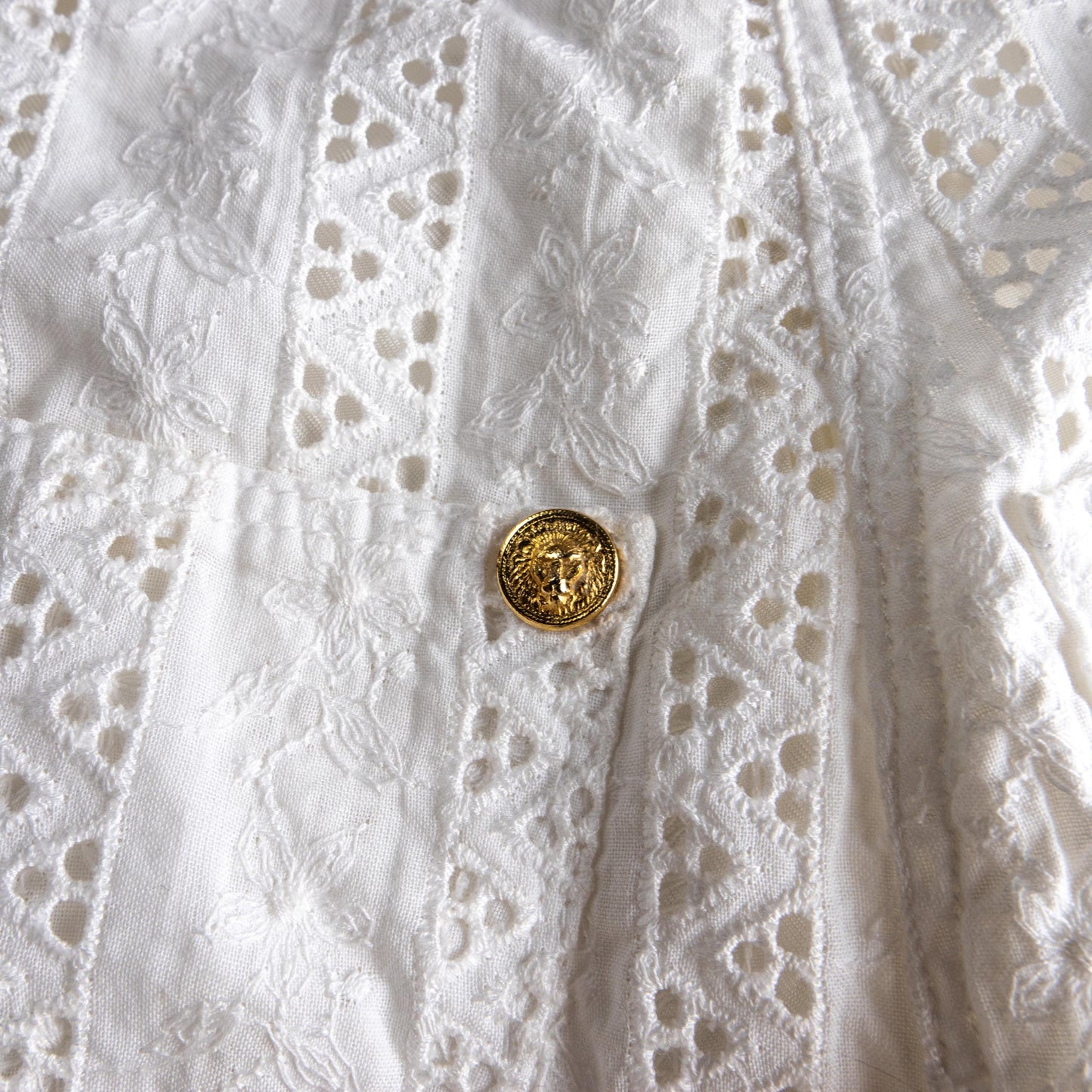 Vintage VERSUS VERSACE 90s White Eyelet Lace Trousers | Gold Lion Buttons | Broderie Anglaise | High Waisted Summer Pants | Size XXS (24")