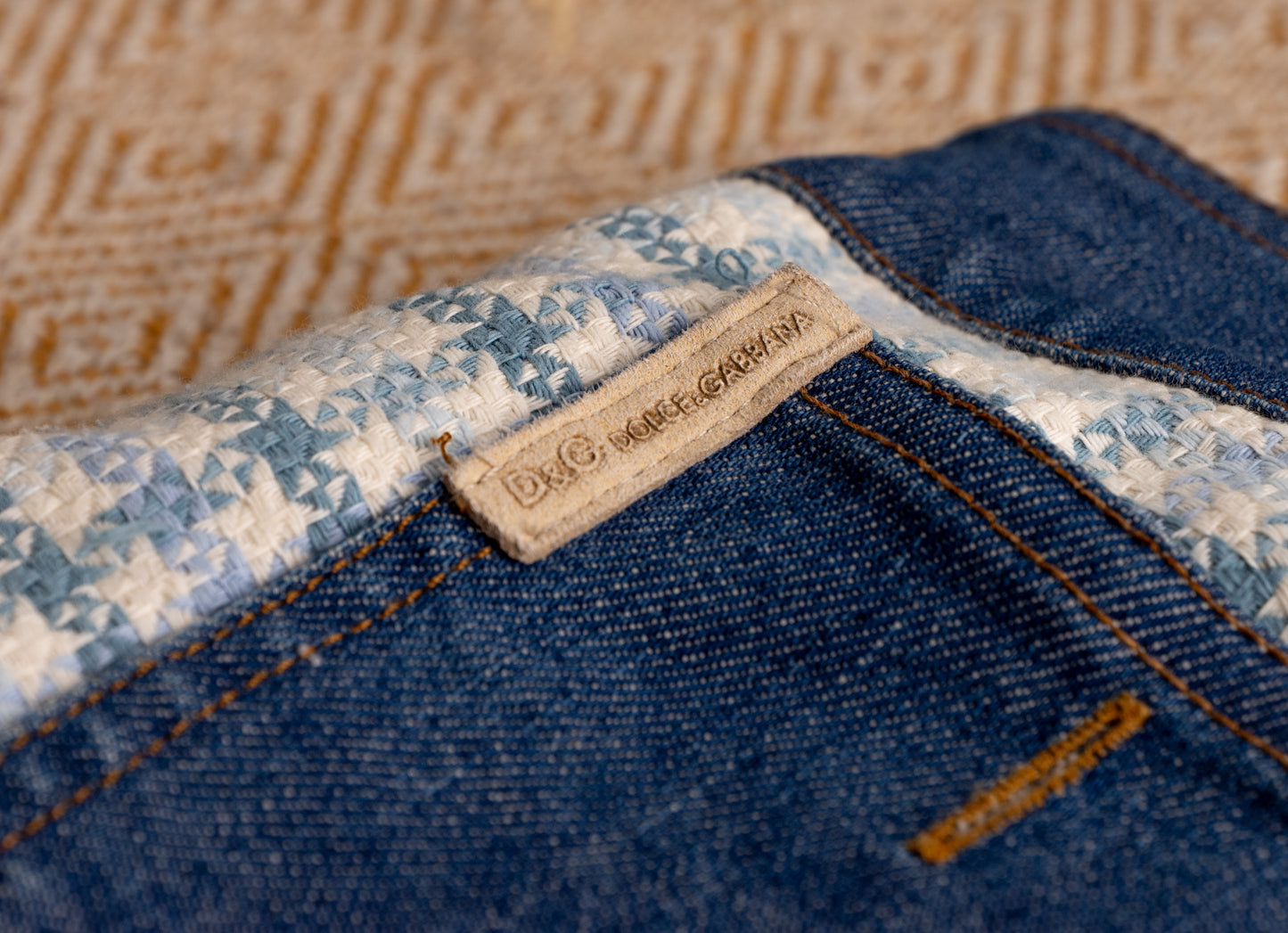 Vintage D&G DOLCE GABBANA Skirt Y2K Denim Tweed Houndstooth Mini Skirt Logo Patch IT 44 Medium