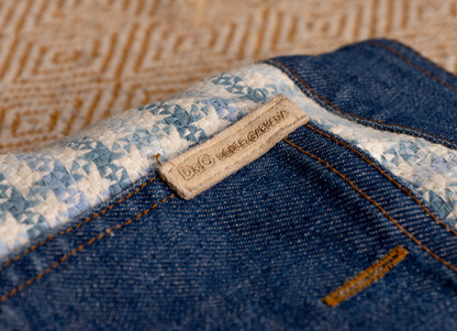 Vintage D&G DOLCE GABBANA Skirt Y2K Denim Tweed Houndstooth Mini Skirt Logo Patch IT 44 Medium