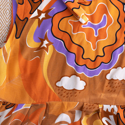 Vintage MIU MIU Silk Tunic Top Psychedelic Star Cloud Print Y2K 90s Mod Baby Doll Blouse Orange Sleeveless