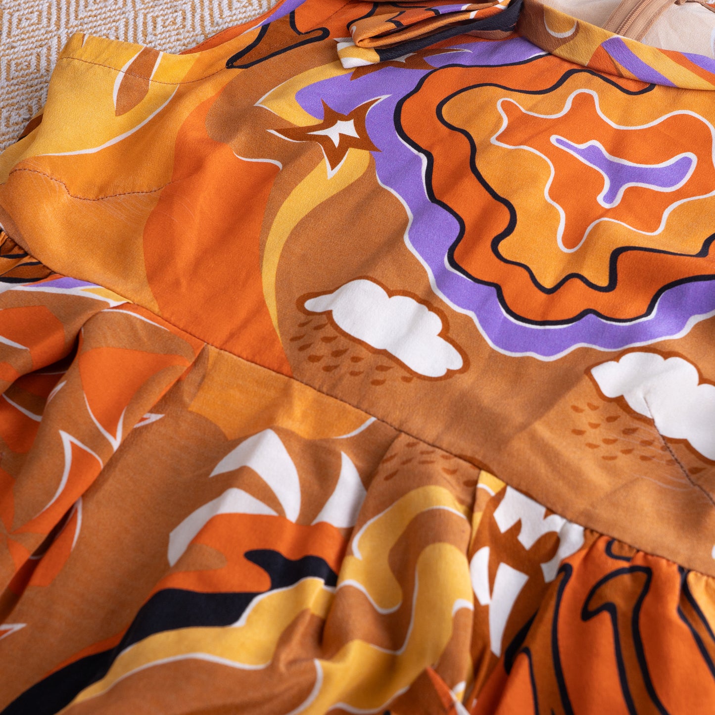 Vintage MIU MIU Silk Tunic Top Psychedelic Star Cloud Print Y2K 90s Mod Baby Doll Blouse Orange Sleeveless