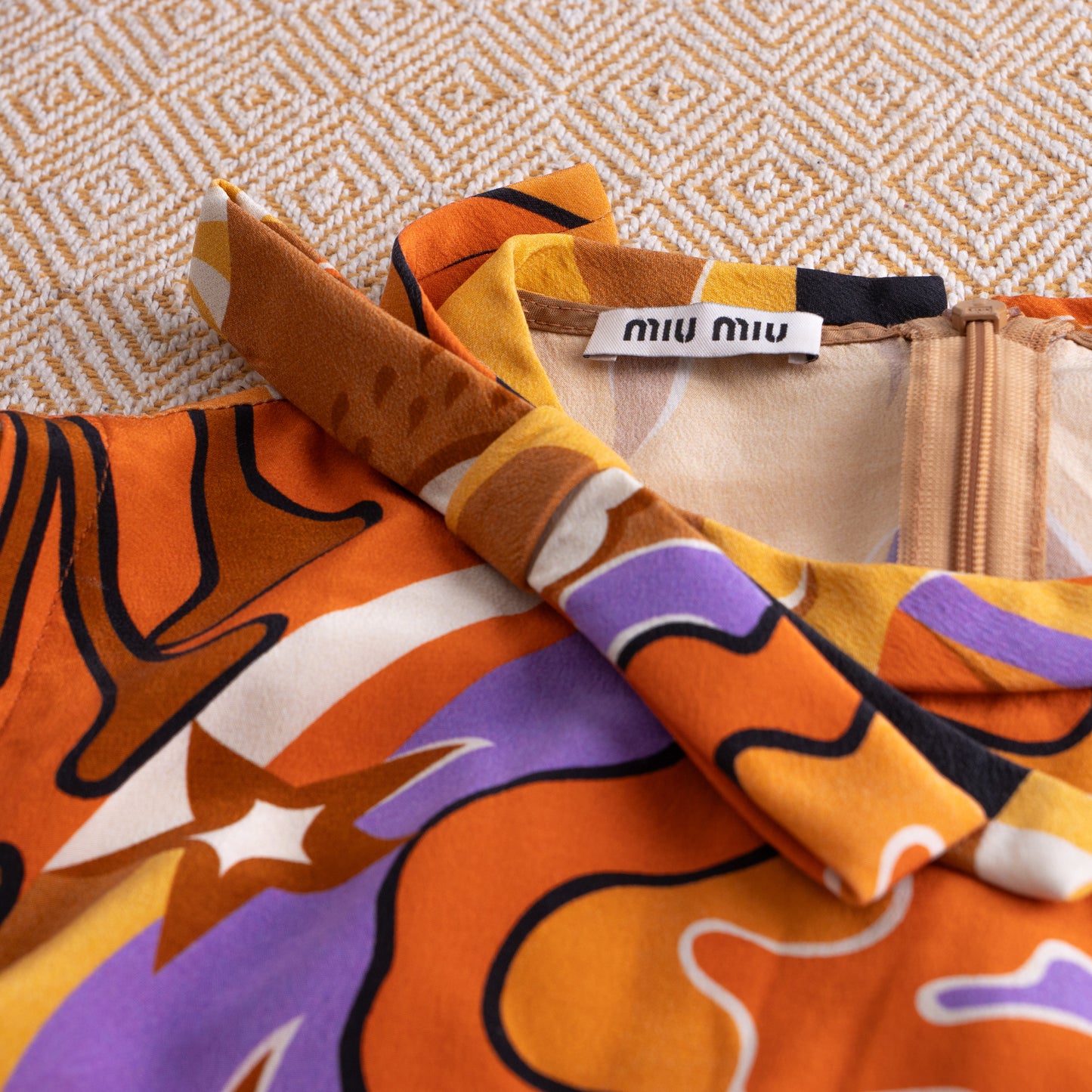 Vintage MIU MIU Silk Tunic Top Psychedelic Star Cloud Print Y2K 90s Mod Baby Doll Blouse Orange Sleeveless