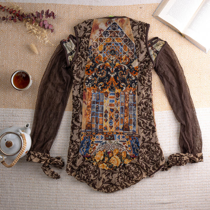back view Vintage Save the Queen Y2K Sheer Mesh Tunic Top – dark chocolate brown sheer mesh with tonal baroque damask print, cold shoulder cut-out with zip detail, long bishop sleeves with self-tie cuffs, patchwork front panel combining marble print and blue floral tapestry fabric, fairy grunge maximalist aesthetic, Save the Queen label, flat lay editorial shot