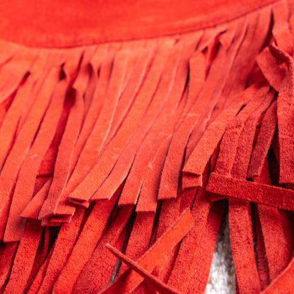 Vintage BLUMARINE Folies Red Suede Fringe Skirt | Rhinestone Logo | Y2K Western Glam | Genuine Leather | IT 42 (XS/S) | 90s archival