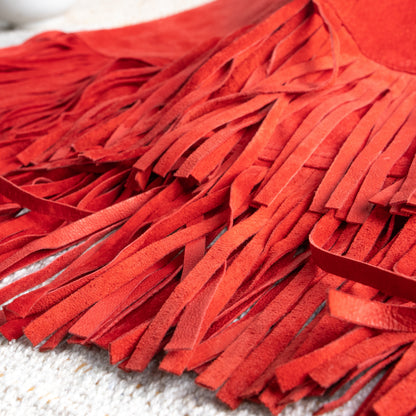 Vintage BLUMARINE Folies Red Suede Fringe Skirt | Rhinestone Logo | Y2K Western Glam | Genuine Leather | IT 42 (XS/S) | 90s archival