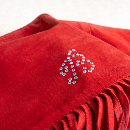 Vintage BLUMARINE Folies Red Suede Fringe Skirt | Rhinestone Logo | Y2K Western Glam | Genuine Leather | IT 42 (XS/S) | 90s archival
