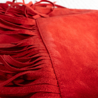 Vintage BLUMARINE Folies Red Suede Fringe Skirt | Rhinestone Logo | Y2K Western Glam | Genuine Leather | IT 42 (XS/S) | 90s archival