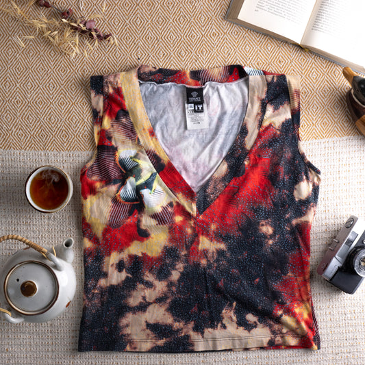 Vintage Versace Jeans Couture 90s Y2K Floral Gothic Print Tank Top – dark abstract floral print in crimson red, black, sand and yellow on cotton, deep V-neckline, sleeveless, relaxed boxy fit, Versace Jeans Couture label, ITTIERRE Made in Italy archival designer, flat lay editorial shot