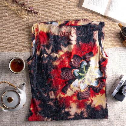 back view Vintage Versace Jeans Couture 90s Y2K Floral Gothic Print Tank Top – dark abstract floral print in crimson red, black, sand and yellow on cotton, deep V-neckline, sleeveless, relaxed boxy fit, Versace Jeans Couture label, ITTIERRE Made in Italy archival designer, flat lay editorial shot