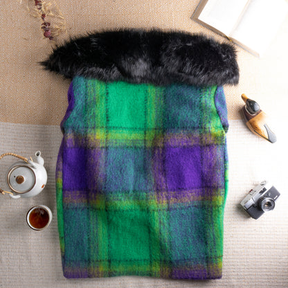 back view Save the Queen Vintage Mohair Wool Overcoat – bold purple, emerald green and yellow plaid check mohair wool, oversized black faux fur collar, double-breasted with large brown tortoiseshell buttons, long sleeves with button cuffs, midi length, avant-garde Italian luxury winter coat, flat lay editorial shot