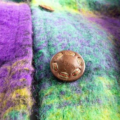 SAVE THE QUEEN Vintage Mohair Wool Coat Faux Fur Collar Purple Green Plaid Art Jacket Made in Italy Luxury Avant Garde Winter Overcoat Large