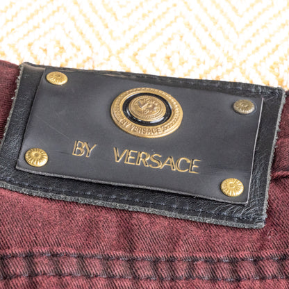 Reworked VERSACE Denim Skirt Burgundy Custom Deconstructed Raw Hem V2 Vintage Upcycled Midi Godet Grunge Avant Garde Large W34
