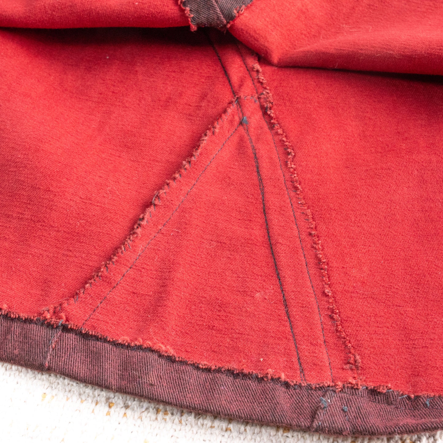 Reworked VERSACE Denim Skirt Burgundy Custom Deconstructed Raw Hem V2 Vintage Upcycled Midi Godet Grunge Avant Garde Large W34