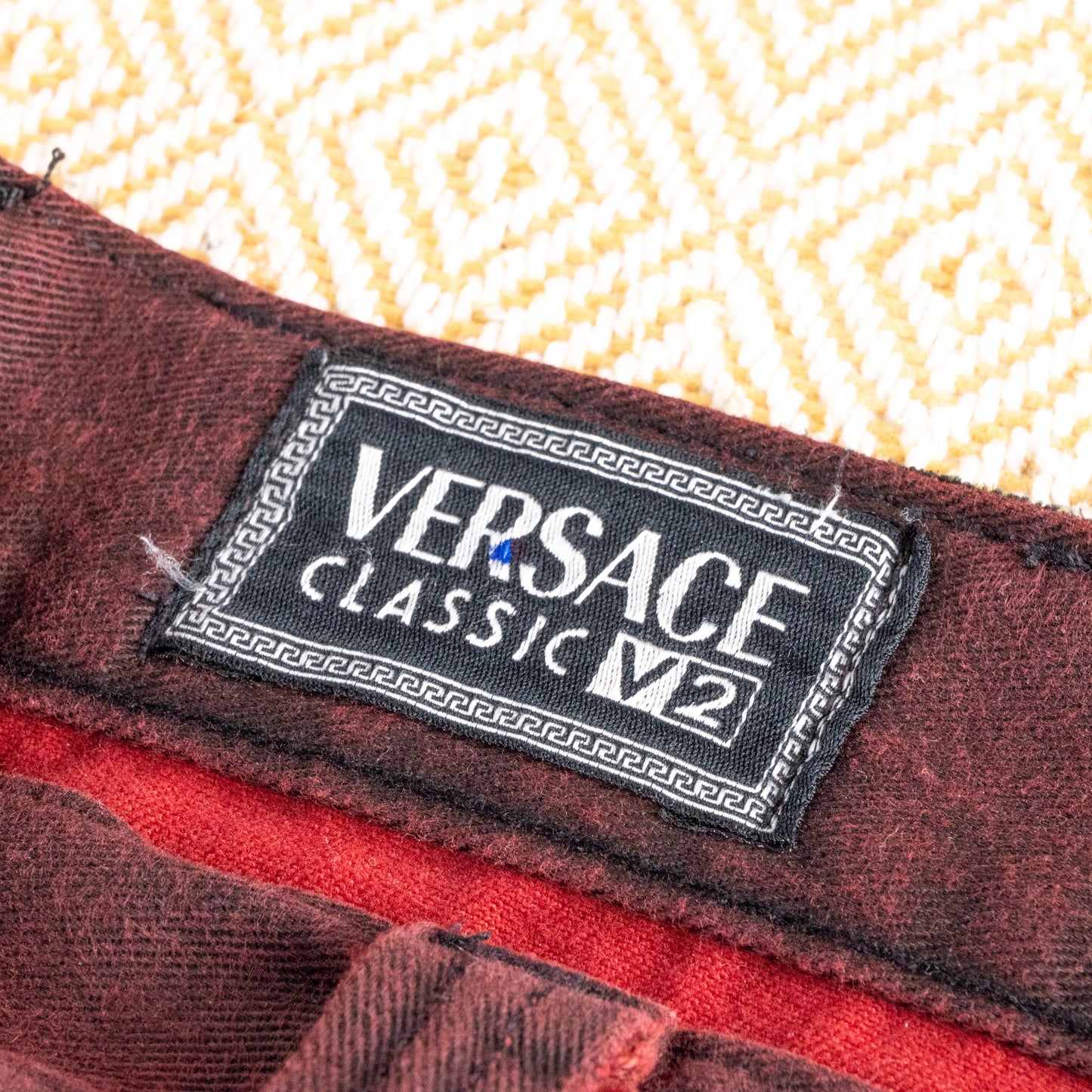 Reworked VERSACE Denim Skirt Burgundy Custom Deconstructed Raw Hem V2 Vintage Upcycled Midi Godet Grunge Avant Garde Large W34