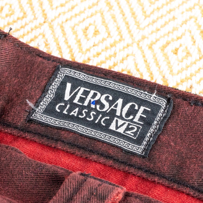 Reworked VERSACE Denim Skirt Burgundy Custom Deconstructed Raw Hem V2 Vintage Upcycled Midi Godet Grunge Avant Garde Large W34