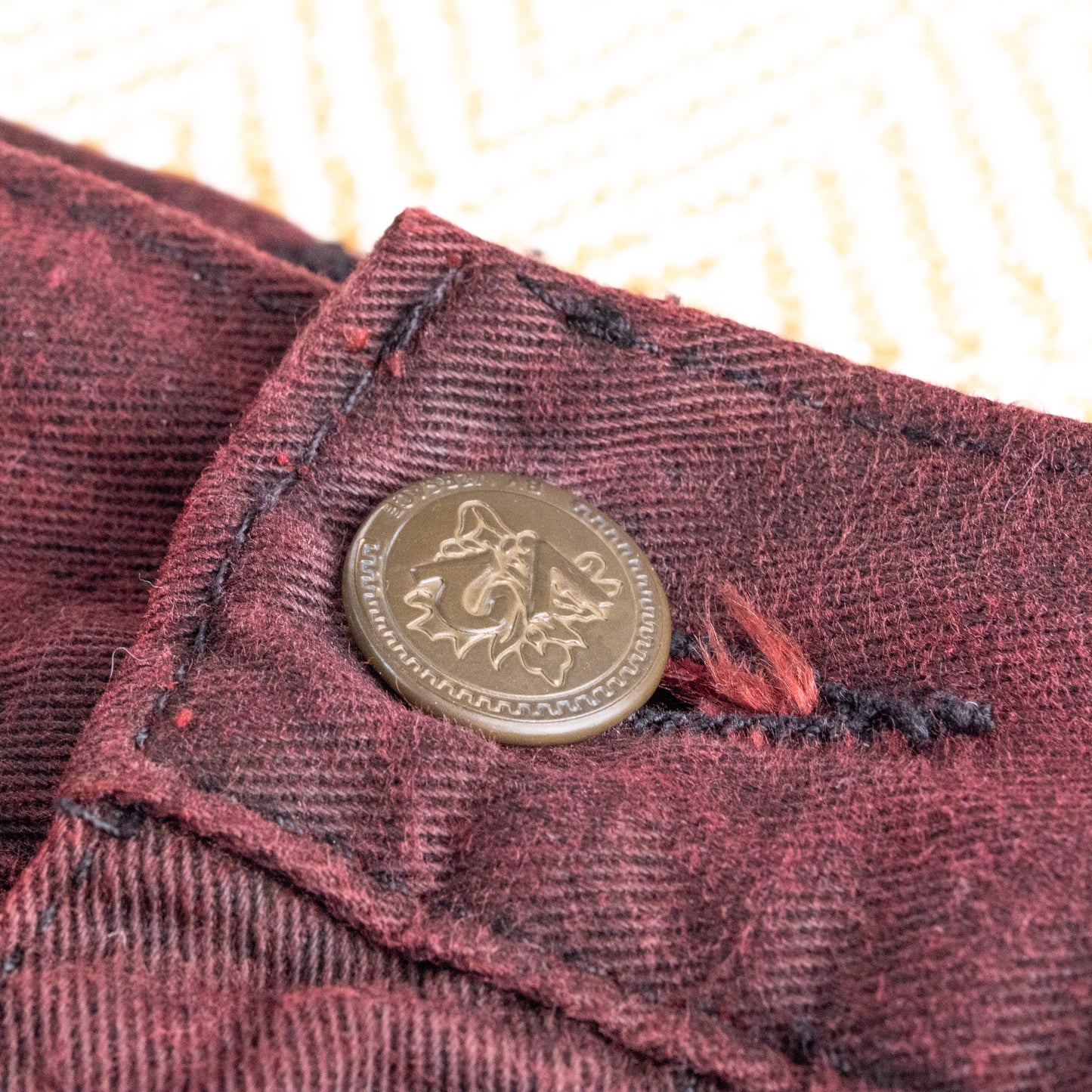 Reworked VERSACE Denim Skirt Burgundy Custom Deconstructed Raw Hem V2 Vintage Upcycled Midi Godet Grunge Avant Garde Large W34