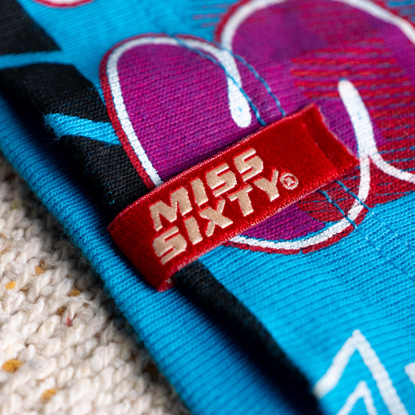 Archive Piece Miss Sixty Top Y2K Cold Shoulder Metallic Foil Print Disco Blue Long Sleeve Cyber Y2K Graphic Grunge Made in Italy S