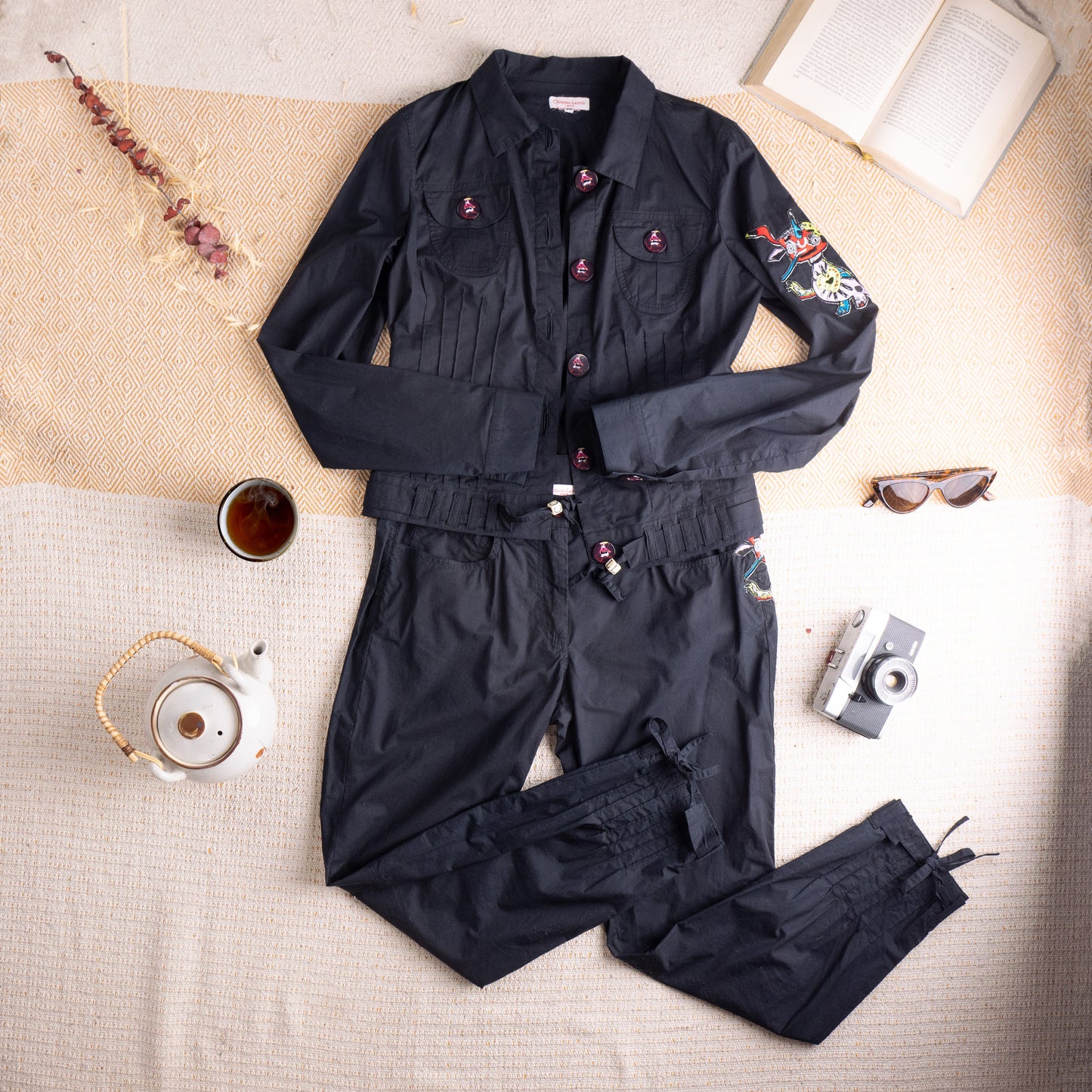 Pristine Deadstock Christian Lacroix Archival Embroidered Cotton Set Utility Jacket Cropped Pants Early 2000s S M