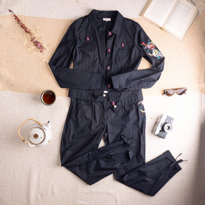 Pristine Deadstock Christian Lacroix Archival Embroidered Cotton Set Utility Jacket Cropped Pants Early 2000s S M