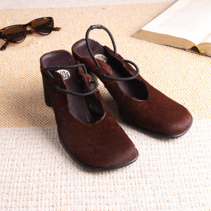 **SOLD: IXOS LATE 1990s RUNWAY PONY HAIR SQUARE-TOE BLOCK-HEEL PUMPS**