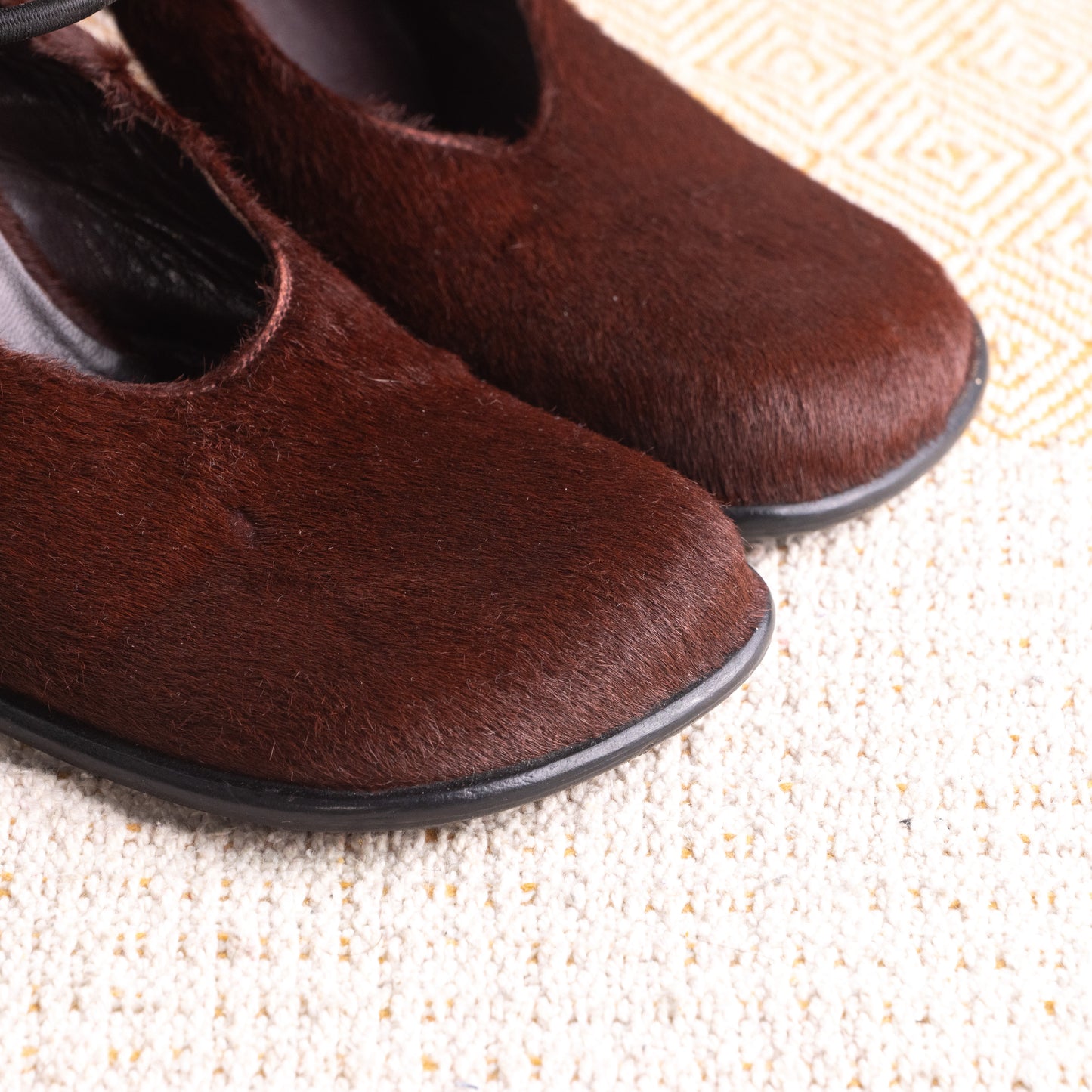**SOLD: IXOS LATE 1990s RUNWAY PONY HAIR SQUARE-TOE BLOCK-HEEL PUMPS**