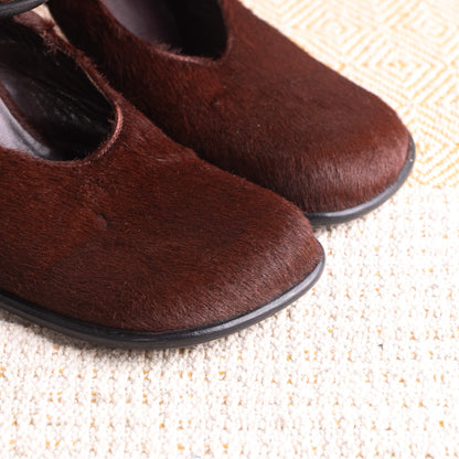 **SOLD: IXOS LATE 1990s RUNWAY PONY HAIR SQUARE-TOE BLOCK-HEEL PUMPS**