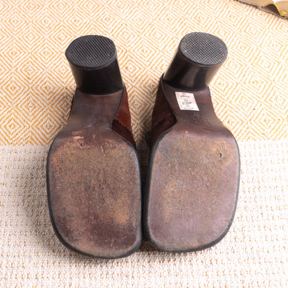 **SOLD: IXOS LATE 1990s RUNWAY PONY HAIR SQUARE-TOE BLOCK-HEEL PUMPS**