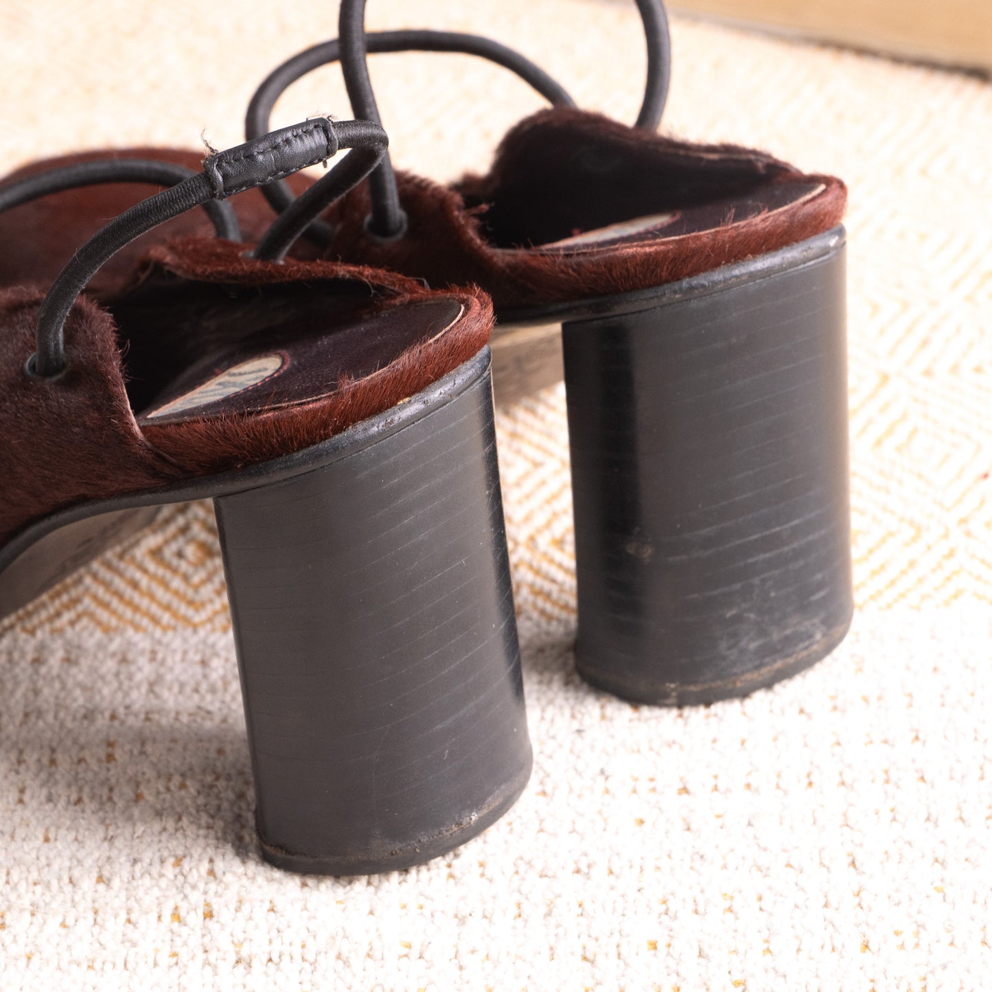 **SOLD: IXOS LATE 1990s RUNWAY PONY HAIR SQUARE-TOE BLOCK-HEEL PUMPS**