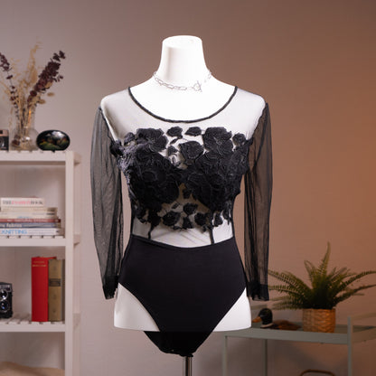 Archival La Perla Tricot Longsleeve Bodysuit 90s 3D Floral Chenille Applique Mesh Tattoo Effect Italy Size S M Museum Grade