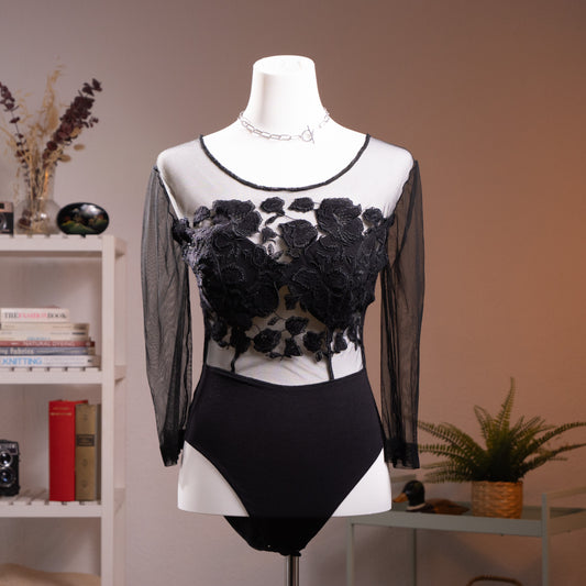 Archival La Perla Tricot Longsleeve Bodysuit 90s 3D Floral Chenille Applique Mesh Tattoo Effect Italy Size S M Museum Grade