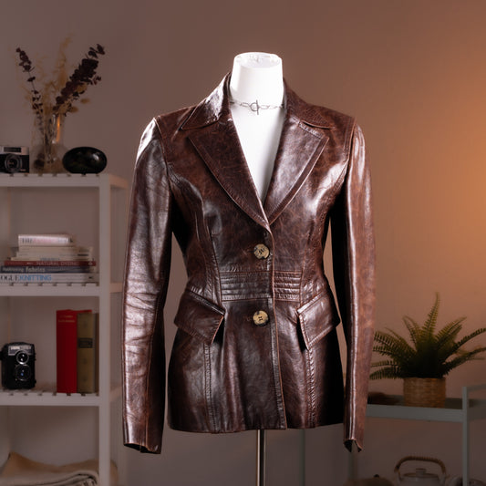 Archival Kenzo Jungle Leather Blazer 90s Vintage Buttery Brown Nappa Floral Botanical Lined Jacket Size FR 38 Small