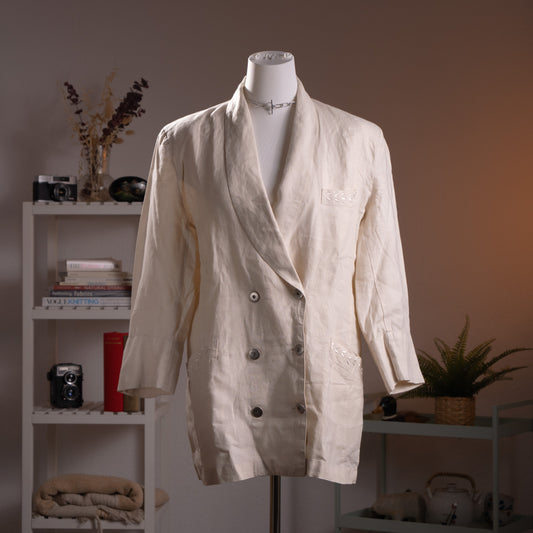 Archival Chantal Thomass Linen Blazer 80s Embroidered Ivory Cream Oversized Suit Jacket Double Breasted Old Money Vintage Size FR 40 L