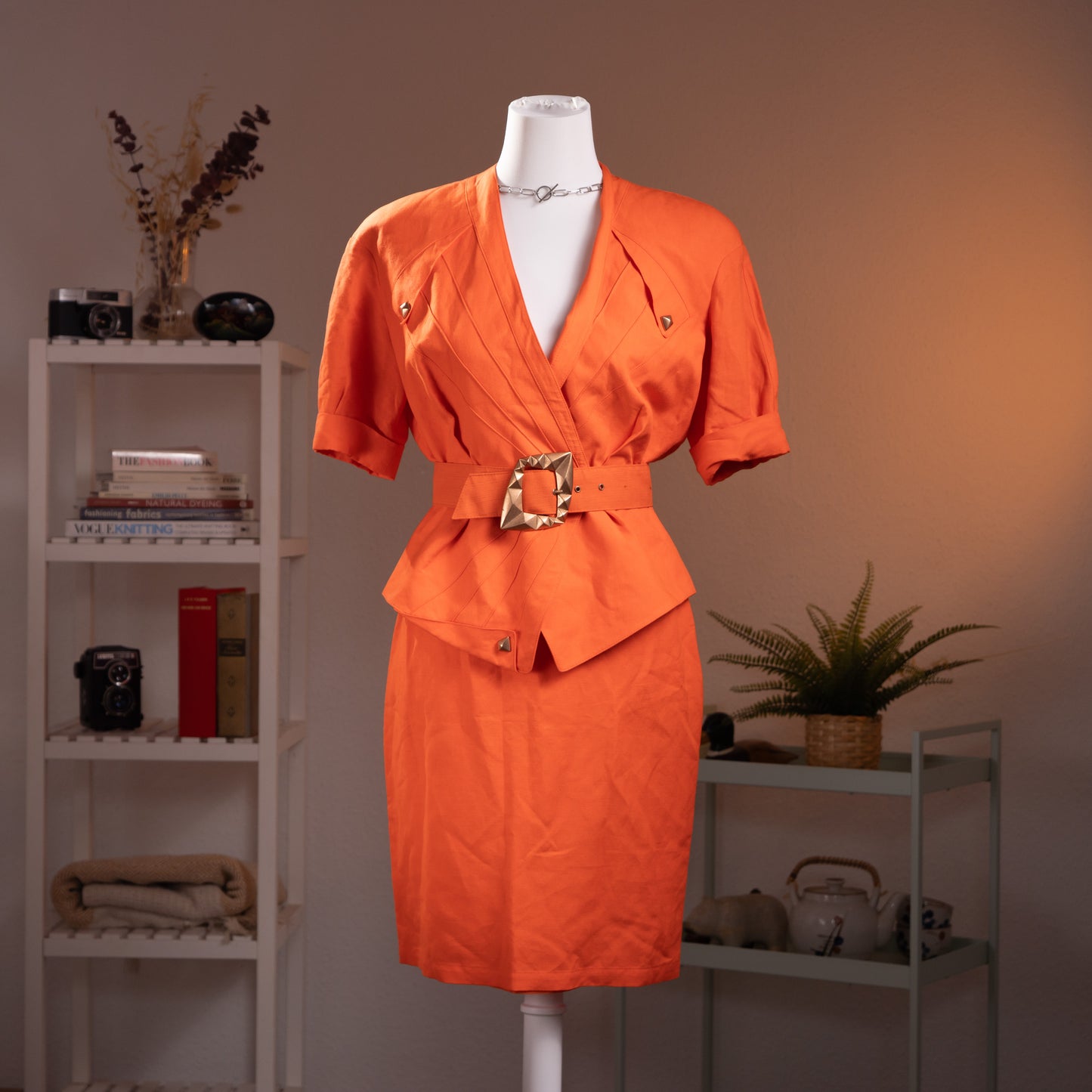 Archival Thierry Mugler ACTIV 3-Piece Skirt Suit 1992 Wasp Waist Pyramid Hardware Coral Linen Blend Corset Silhouette Time Srl Grails XS S