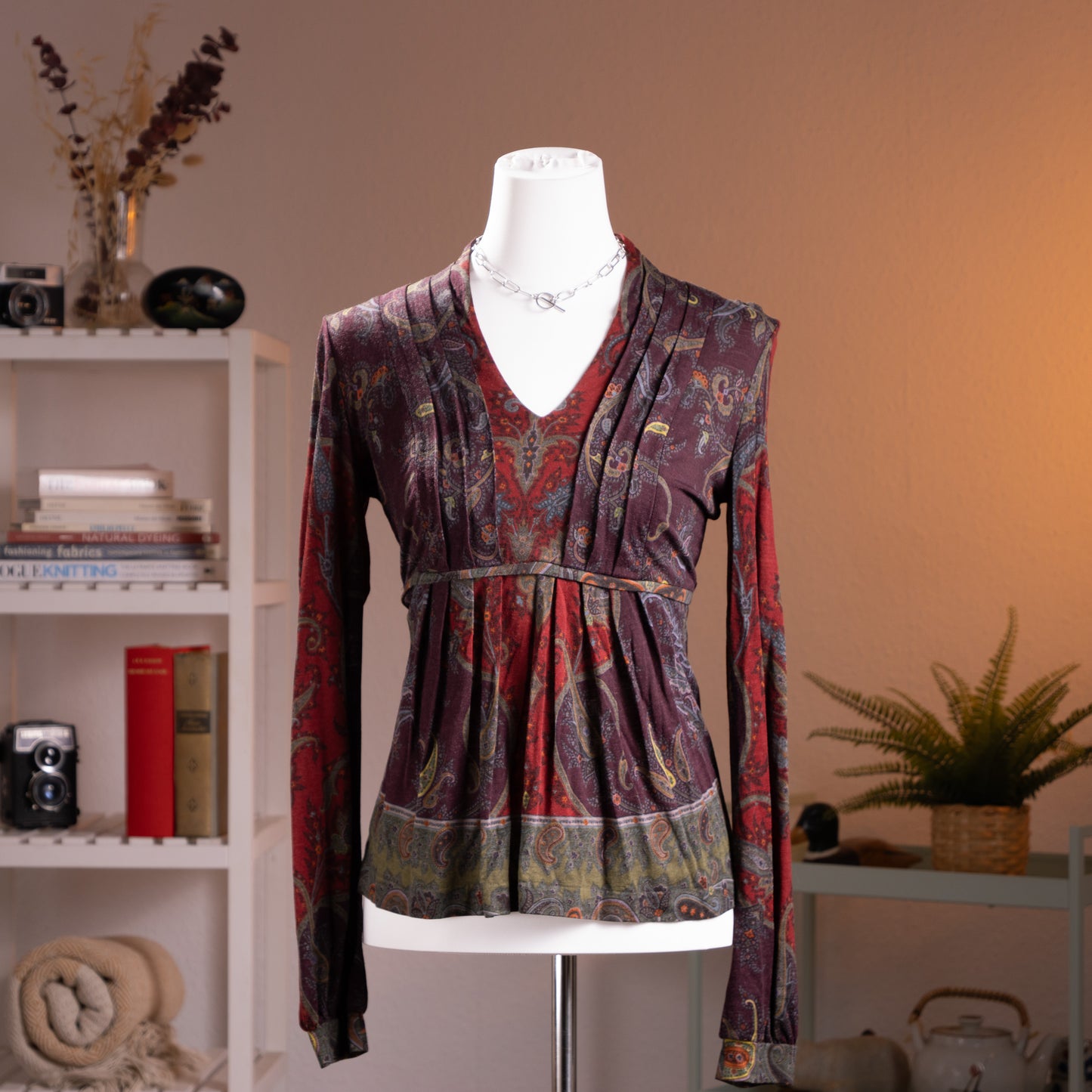 Archival ETRO Milano Paisley Wool Jersey Top 90s Heritage Print Made in Italy Size IT 42 S Curated Vintage