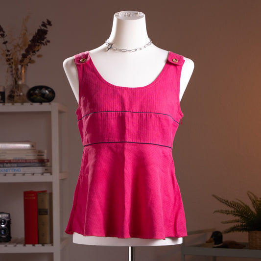 Archival Salvatore Ferragamo Fuchsia Pure Linen Peplum Top Silk Lined Woven Wood Detail Italy Size XS S Museum Grade