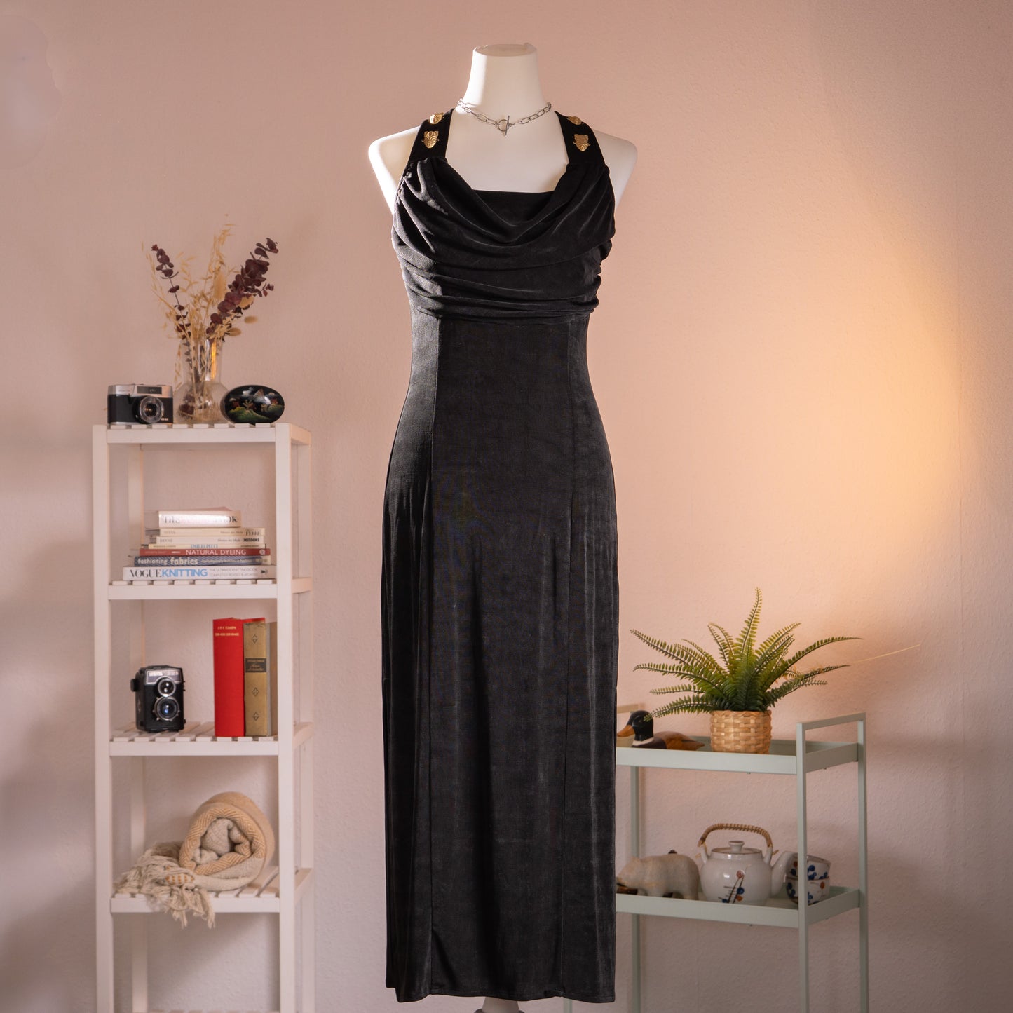 Archival Joseph Ribkoff Mask Gown 80s Liquid Acetate Slinky Dress Made in Canada Open Back Greek Goddess Size XS S