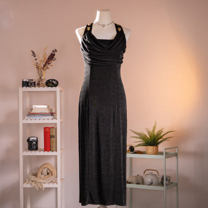 Archival Joseph Ribkoff Mask Gown 80s Liquid Acetate Slinky Dress Made in Canada Open Back Greek Goddess Size XS S