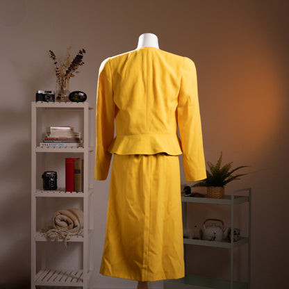 Archival Louis Feraud Paris Skirt Suit 80s Power Suit Canary Yellow Black Graphic NOS Deadstock West Germany Size XS S