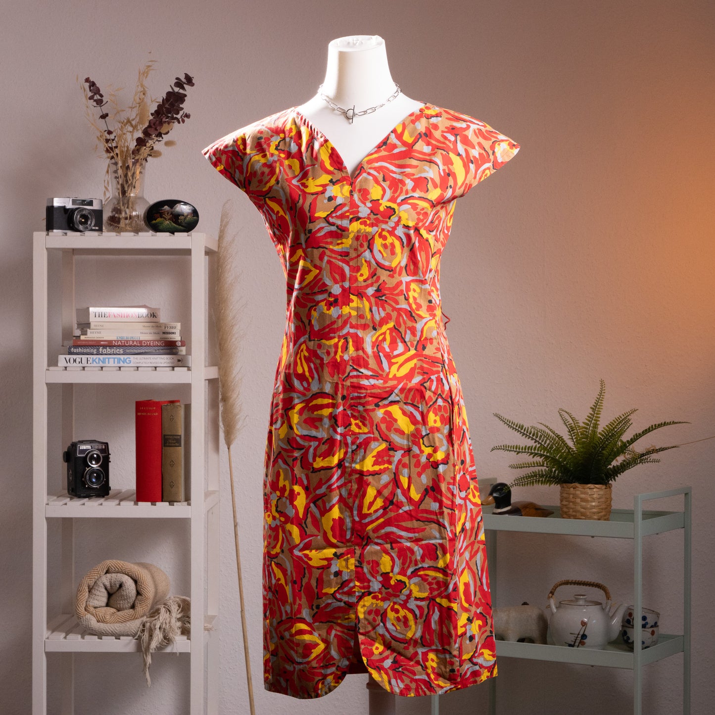 Pierre Balmain Paris Vintage Dress 1970s Deadstock New Old Stock 100% Cotton French Luxury Red Yellow Abstract Print High-End Curator Find M