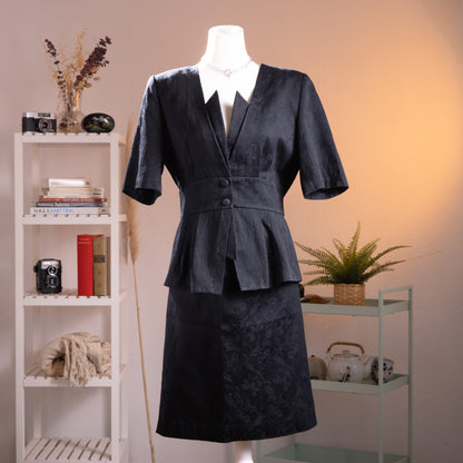 Archival Loris Azzaro Paris 80s Power Suit Two Piece Skirt Set NOS Museum Quality Black Cotton Jacquard Size L