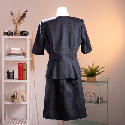Archival Loris Azzaro Paris 80s Power Suit Two Piece Skirt Set NOS Museum Quality Black Cotton Jacquard Size L