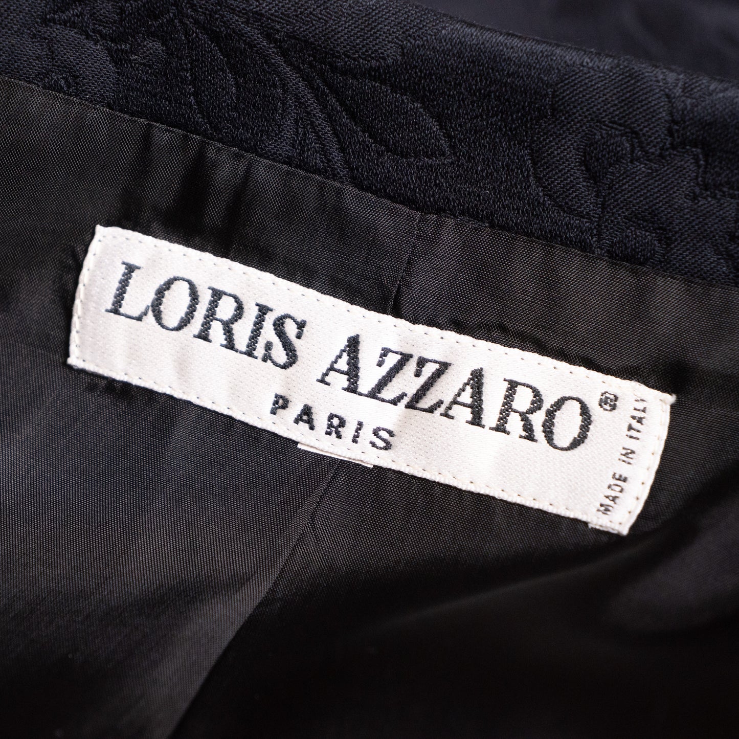 Archival Loris Azzaro Paris 80s Power Suit Two Piece Skirt Set NOS Museum Quality Black Cotton Jacquard Size L