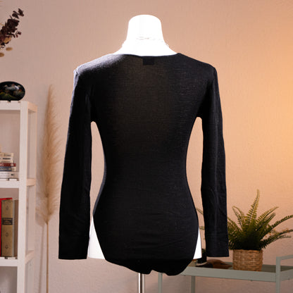 back view Archival La Perla Tricot 90s NOS Wool Lace Bodysuit – black fine wool long sleeves with sheer floral Leavers lace V-neckline yoke, lace midriff panel, underwired moulded cups, thong cut, museum quality Italian lingerie, product shot on dress form