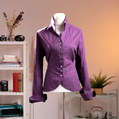 Archival Marimekko Ritva Falla Y2K Doubleface Cotton Striped Blouse – deep purple with tonal white pinstripe, point collar, long sleeves with button cuffs, silver snap button-front, fitted silhouette, minimalist unisex oversized Scandinavian design, product shot on dress form