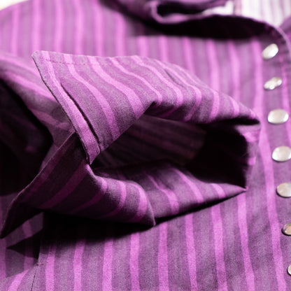 Archival Marimekko Ritva Falla Doubleface Cotton Striped Blouse Purple Y2K Minimalist Snap Button Unisex Oversized S M