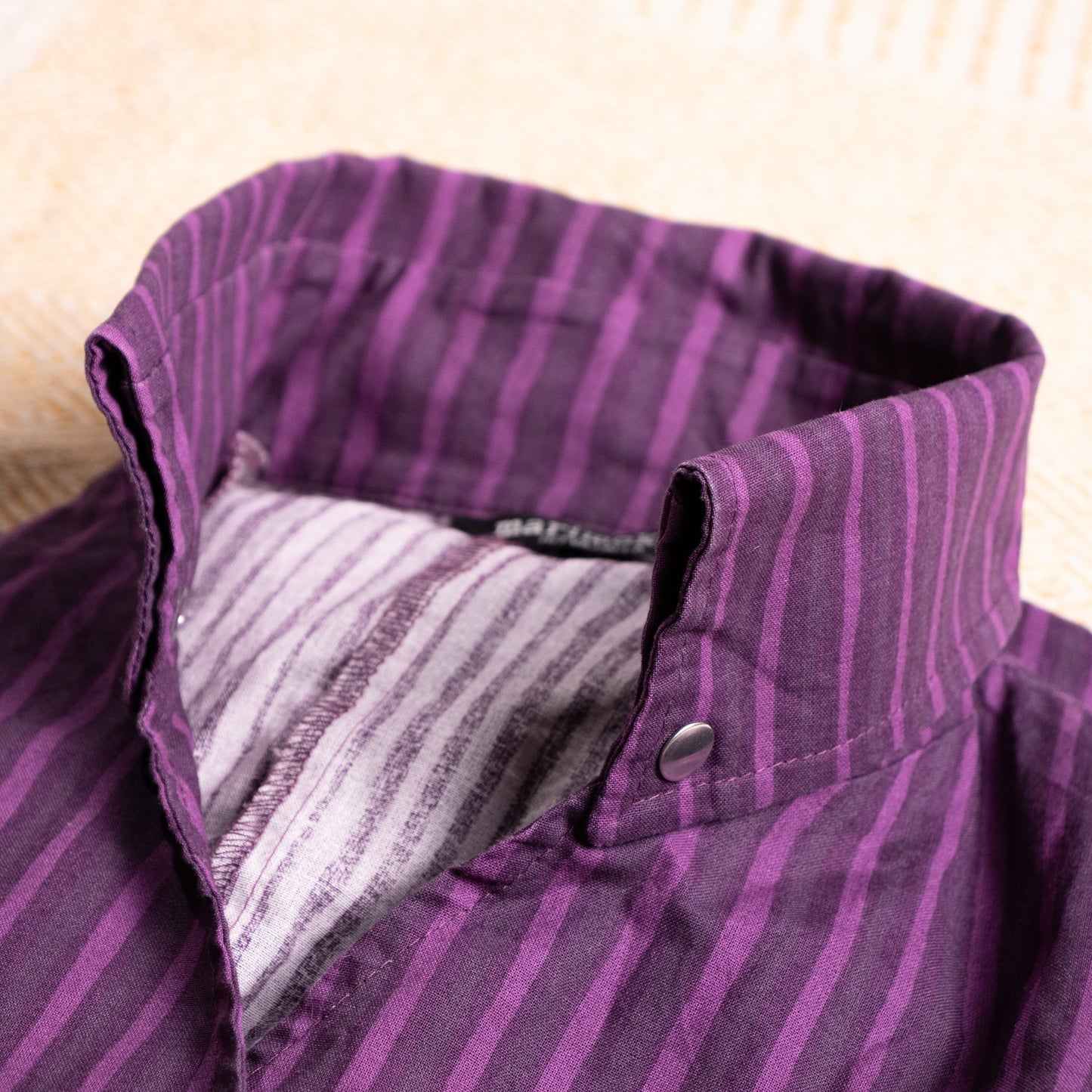 Archival Marimekko Ritva Falla Doubleface Cotton Striped Blouse Purple Y2K Minimalist Snap Button Unisex Oversized S M