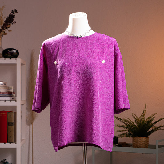 Archival Nina Ricci 90s Reversible Front-to-Back Blouse – magenta purple silk with all-over white micro dot print, round neckline, short sleeves, oversized boxy tunic silhouette, mother-of-pearl snap button side details for two-way reversible wear, product shot on dress form