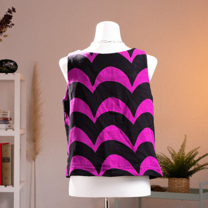 back view Archival Marimekko Y2K "Lokki" Wave Print Reversible Vest by Samu-Jussi Koski – bold fuchsia pink and black large-scale wave/seagull print on virgin wool and silk, deep V-neckline, sleeveless cropped silhouette, reversible avant-garde Scandinavian design, product shot on dress form