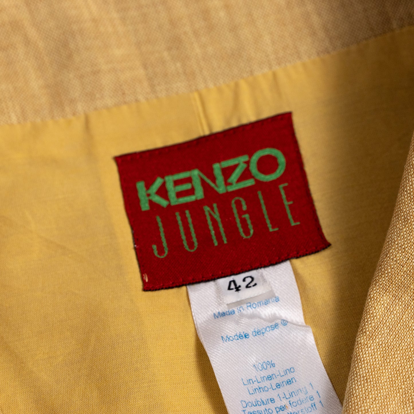 NOS Archival KENZO JUNGLE Paris Yellow Linen Blazer Rare 3D Hummingbird & Floral Appliqué Mother-of-Pearl Buttons 90s Deadstock Size M