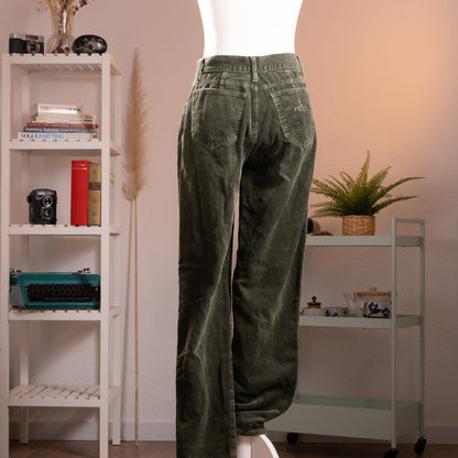 back view NOS Archival Fendi Roma Deadstock Late 90s Olive Corduroy Trousers – army olive green 100% pure cotton wide-wale corduroy, high waist, five-pocket straight leg fit, single silver button closure, Silvia Venturini Fendi era, product shot on dress form